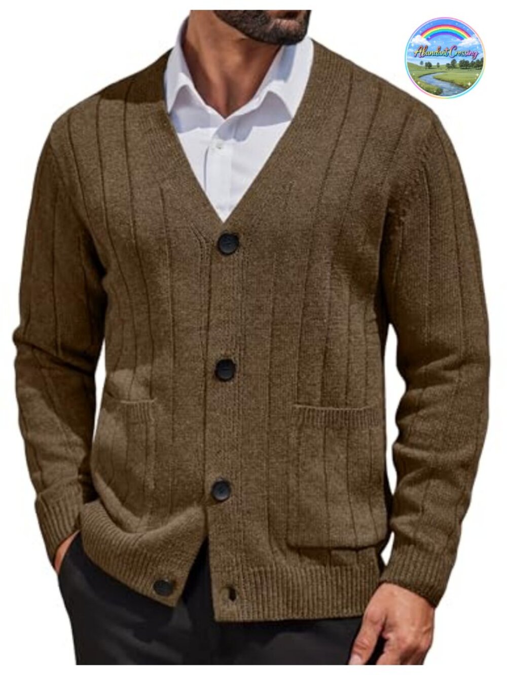 Men's Cable Knit Cardigan Sweater V Neck Button Up Ribbed with Pockets